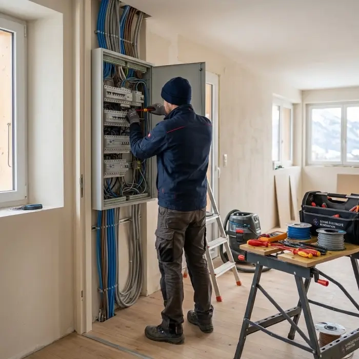 Électricien à Albertville raccordant un tableau électrique dans une maison en rénovation