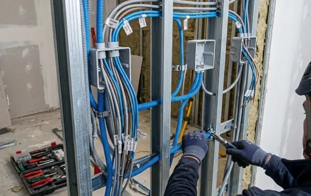 Câblage électrique passé dans une cloison lors d’une rénovation en Savoie